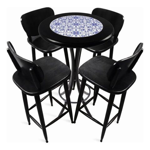 Conjunto Mesa Bistrô Alta Redonda 60cm + 4 Banquetas Bar Varanda Pub - Azulejo Português - Preta