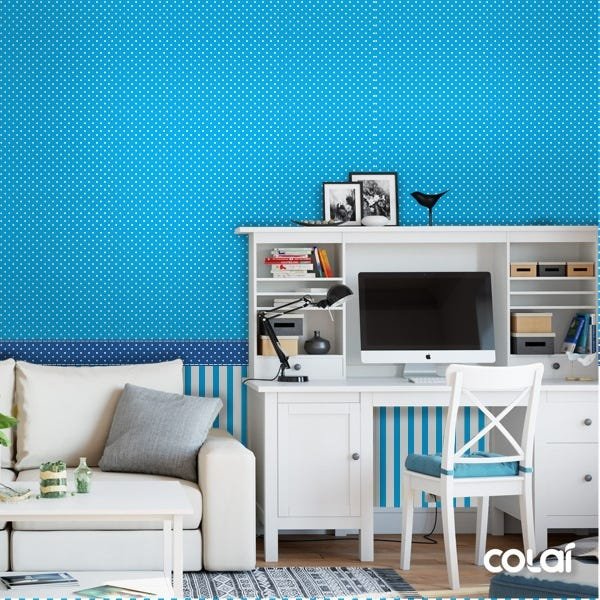 Papel de Parede Adesivo Lavável Azul com Bolas Brancas 6m - 2