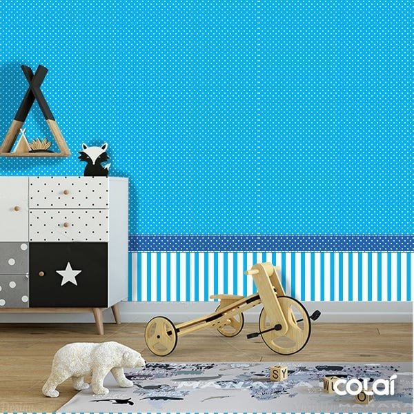 Papel de Parede Adesivo Lavável Azul com Bolas Brancas 6m - 5