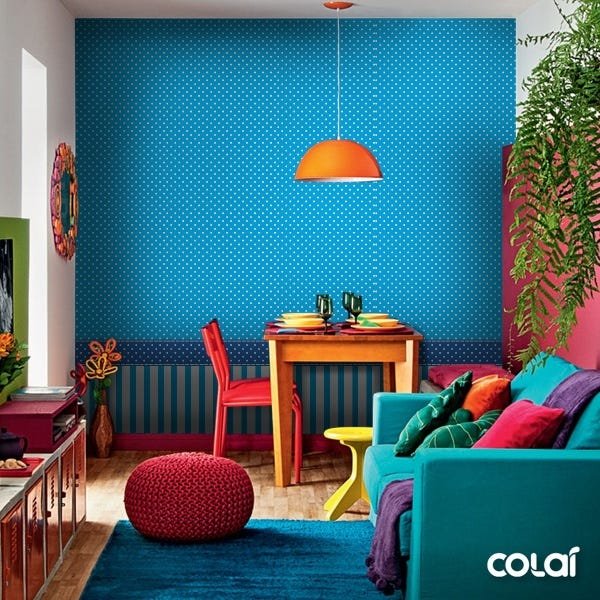 Papel de Parede Adesivo Lavável Azul com Bolas Brancas 6m - 6