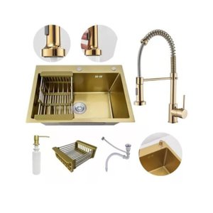 Kit Cuba Aço Inox Gourmet Quadrada Cozinha e Torneira Flexível Dourada