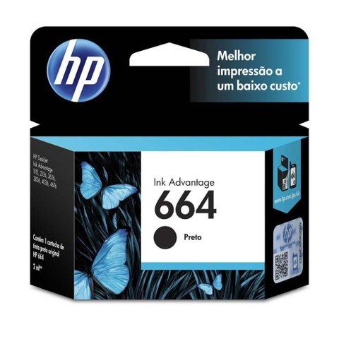 Cartucho Hp 664 Jato de Tinta Preto 2ml - F6v29ab