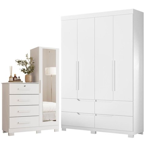 Guarda Roupa Solteiro Doble 04 Portas e Cômoda Belize Plus Branco Fosco Liso- Móveis Albatroz