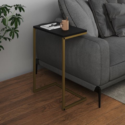 Mesa Lateral de Apoio Industrial Sofá Charmme Ferro Dourado e Tampo Preto