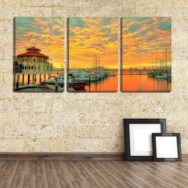 Quadro Decorativo 80x140 sol dourado no cais com barcos - 2