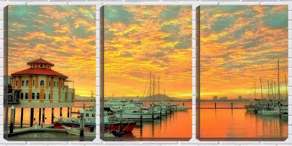 Quadro Decorativo 80x140 sol dourado no cais com barcos - 1