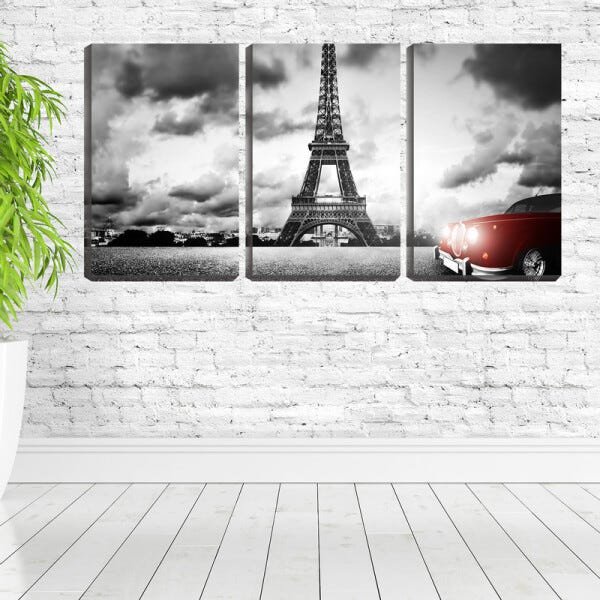Quadro Decorativo 68x126 torre Eiffel pb e carro vermelho - 1