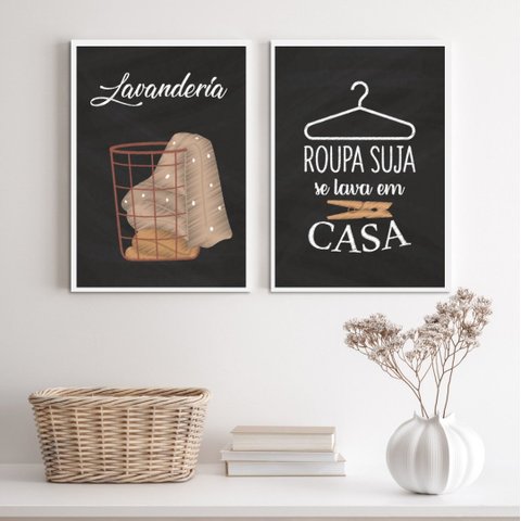 Kit 2 Quadros Decorativos Lavanderia Preto E marrom 2 33x24cm - com Vidro:madeira Branca