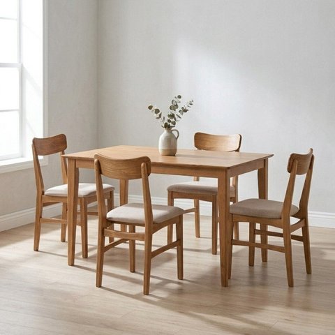 Conjunto Mesa de Jantar Retângular Madeira Maciça com 4 Cadeiras Estofadas Olmo Bege/Mel