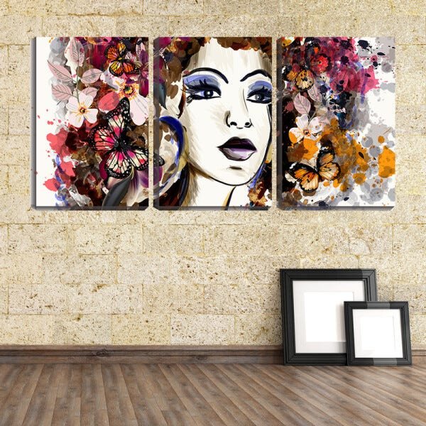 Quadro Decorativo 55x110 desenho mulher cabelo florido - 2