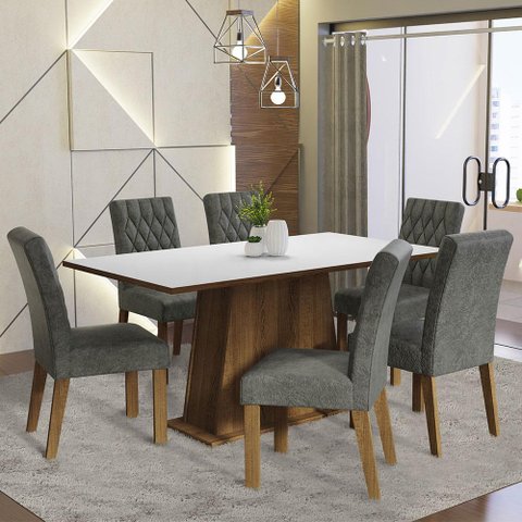 Conjunto Sala de Jantar Mesa Tampo de Madeira 6 Cadeiras Rustic/branco/silver Britney Madesa