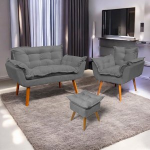 Kit Namoradeira Poltrona e Puff Decorativo para Sala Manicure Consultório Alice Suede