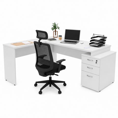 Conjunto Mesa Pedestal em L com Gavetas e Cadeira de Escritório Ergonômicas - Branco