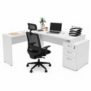 Ver imagem 1 de Conjunto Mesa Pedestal em L com Gavetas e Cadeira de Escritório Ergonômicas - Branco