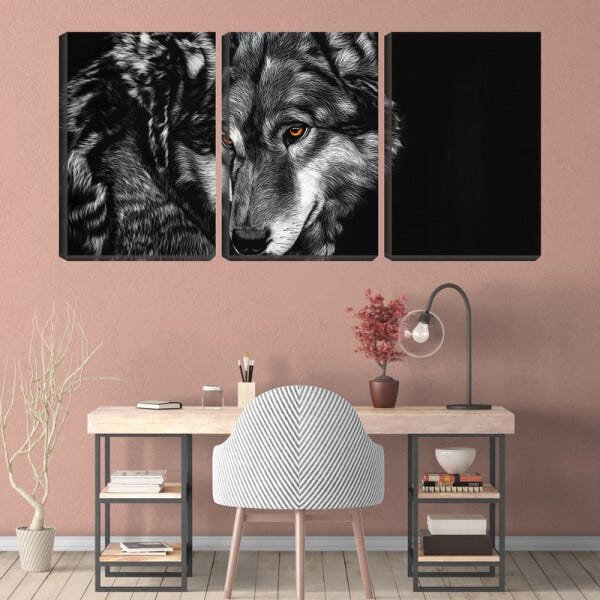 Quadro Decorativo 45x96 lobo selvagem sobre fundo preto - 2