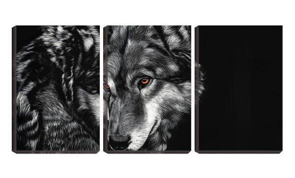 Quadro Decorativo 45x96 lobo selvagem sobre fundo preto - 1