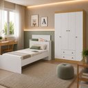 Ver imagem 3 de Jogo de Quarto com Cama Solteiro e Guarda-Roupa 4 Portas 2 Gavetas Lira Multimóveis MP4838 Branco/