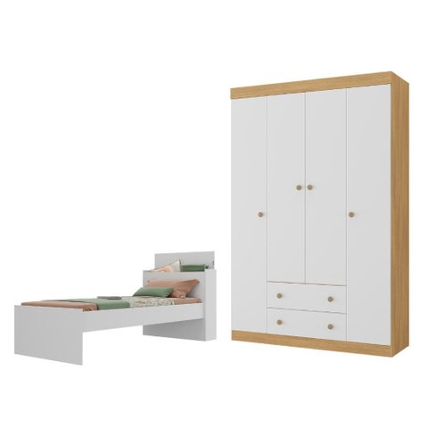Jogo de Quarto com Cama Solteiro e Guarda-Roupa 4 Portas 2 Gavetas Lira Multimóveis MP4838 Branco/