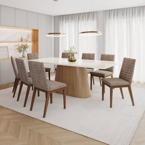 Conjunto Mesa Olívia 200cm com Vidro 08 Cadeiras Elena Marrom/Nature/Off White/Caramelo