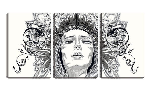 Quadro Decorativo 30x66 rosto com objetos indígenas arte - 1