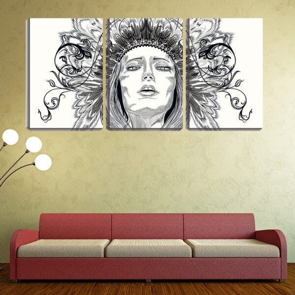 Quadro Decorativo 30x66 rosto com objetos indígenas arte - 2