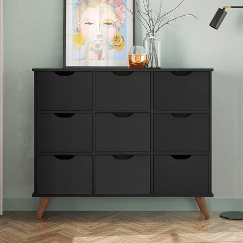 Nicho Organizador Retro Preto Com 9 Gavetas Pretas Qmovi Móveis