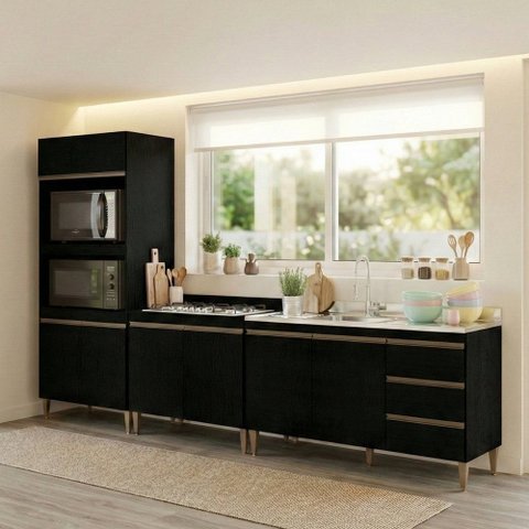 Cozinha Compacta Modulada 3 Peças com Paneleiro Milão Menu Móveis Preto