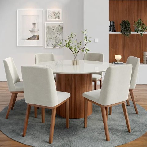 Conjunto de Jantar Mesa Redonda com Vidro 6 Cadeiras Kalina - Canella C/ Palha