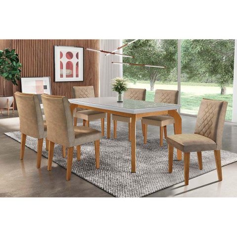 Conjunto: Mesa Sala Jantar Londrina Tampo Madeirado c/ Vidro 180cm + 6 Cadeiras Jade Imbuia/