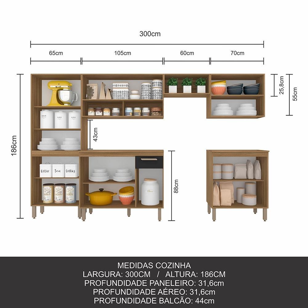 Cozinha Modulada 6 Peças 12 Portas Tieli Boreal/preto - M. Arapongas Boreal/preto Fosco - 5