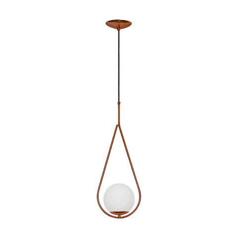 Luminária de Teto Pendente Gota Cobre Polido C/ Globo de Vidro Leitoso Bivolt 1xg9