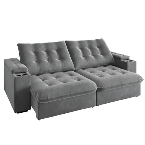 Sofá Retrátil e Reclinável 3 Lugares 2,30m com Porta Copos Veludo New Coliseu Selmer Cinza Cinza