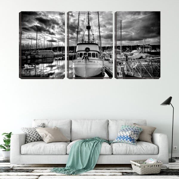 Quadro Decorativo 55x110 barcos e iates preto e branco - 2
