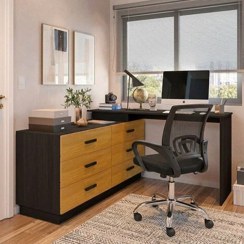 Conjunto Escritório 2 Peças Escrivaninha Mesa Leonie c/Cômoda e Cadeira Diretor Tela Yescasa Preto/F
