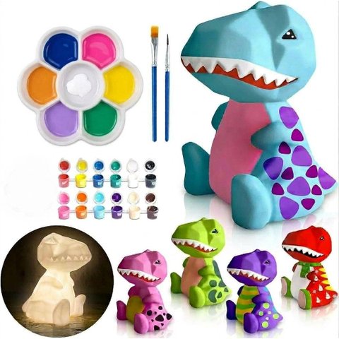 Luminária Dinossauro T-Rex Abajur LED Infantil para Pintar + Kit Pintura Tinta Guache Pincel Paleta