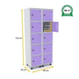 ROUPEIRO DE AÇO 2M 10 PORTAS PITÃO PANDIN - CINZA/LILÁS GRP 502/10 DI - 2