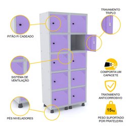 ROUPEIRO DE AÇO 2M 10 PORTAS PITÃO PANDIN - CINZA/LILÁS GRP 502/10 DI - 3