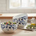 Ver imagem 5 de Kit 3 Tigelas Bowl Cerâmica Branca Premium Folhagens Azuis Beli Collection 550ml