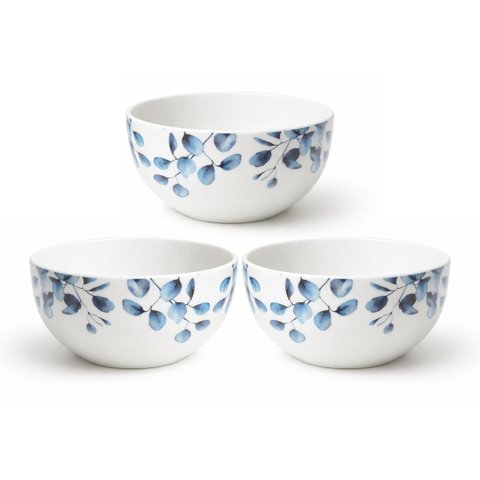 Kit 3 Tigelas Bowl Cerâmica Branca Premium Folhagens Azuis Beli Collection 550ml