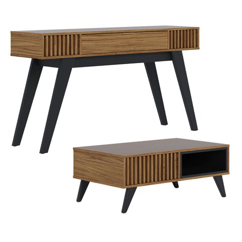 Kit Aparador Para Sala De Estar Com Mesa De Centro Delta 1 Gaveta C04 Preto Noce Milano - Lyam
