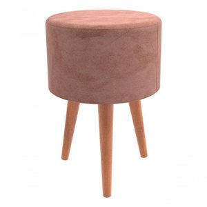 Puff Redondo Veludo Banqueta Pés Madeira Luxo Envio Imediato Rosa