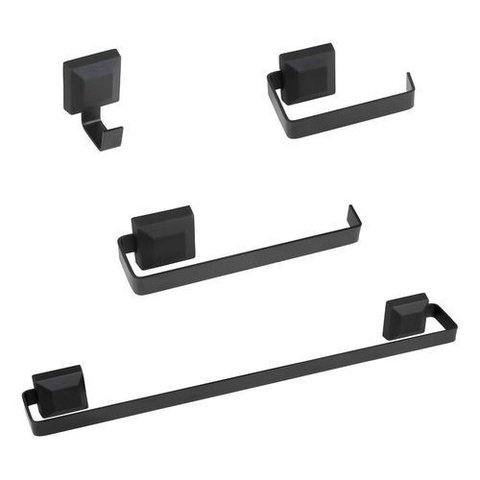 Kit Acessórios Banheiro 4 Peças Quadrado Preto Suporte Toalha