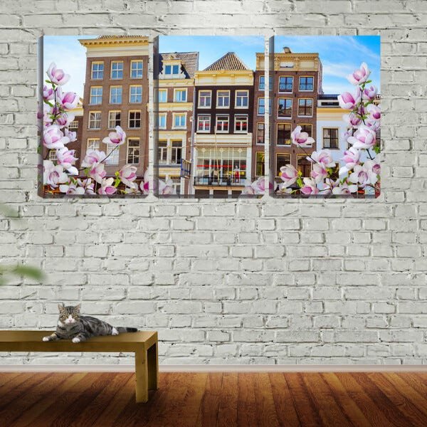 Quadro Decorativo 45x96 flores e casas coloridas - 2