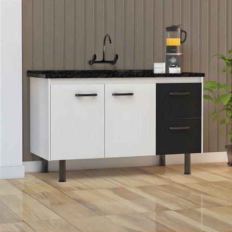 Gabinete Cozinha 2 Portas e 2 Gavetas 100% MDF Armário 144cm:Branco/Preto
