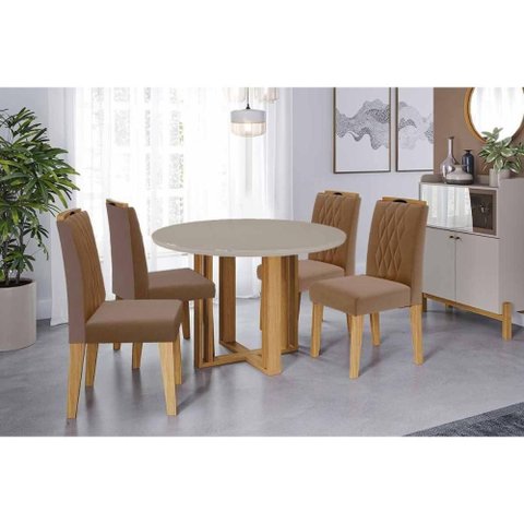 Sala de Jantar Completa Flora Tampo Madeirado C/ Vidro 109cm e 4 Cadeiras Juliana Cinamomo/off White