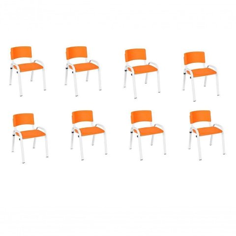 Kit 8 Cadeira Iso Infantil Creche, Base Branco Laranja