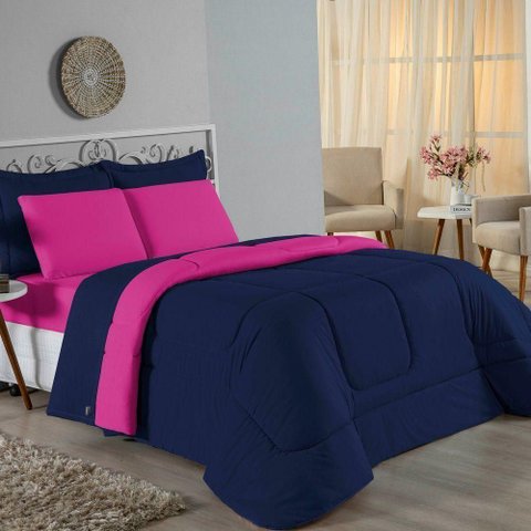 Edredom Solteiro Nobre 1 Peça Dupla Face 1,60m X 2,40m Malha 100% Algodão - Azul-marinho / Pink