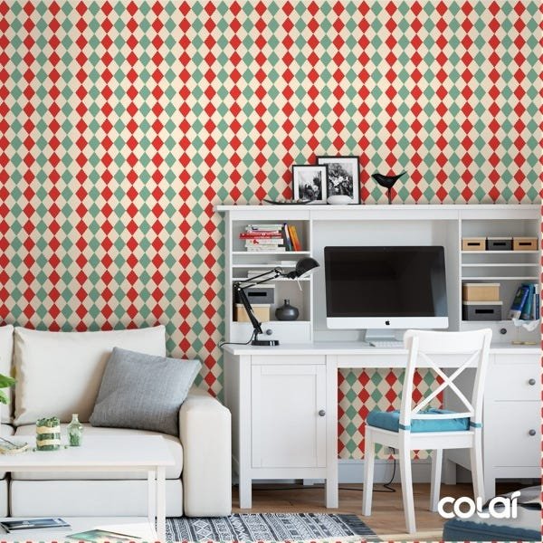 Papel de Parede Lavável Losango Verde e Vermelho 12m - 2