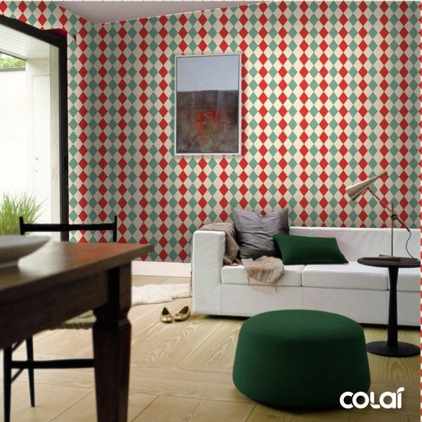 Papel de Parede Lavável Losango Verde e Vermelho 12m - 3