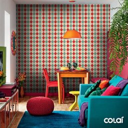 Papel de Parede Lavável Losango Verde e Vermelho 12m - 5